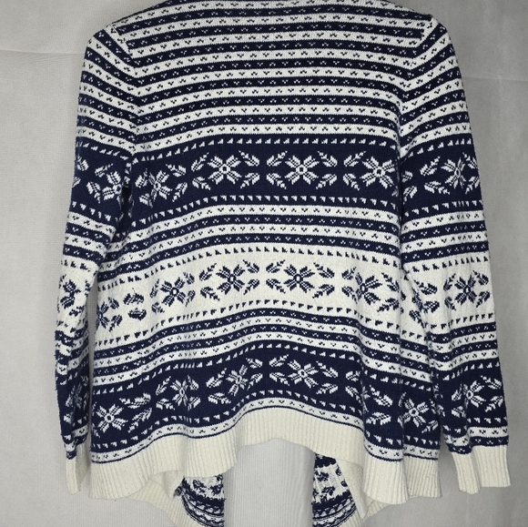Lands' End Fair Isle Sweater Open Cardigan Navy Ivory Nordic Print Cabincore M - Picture 6 of 13